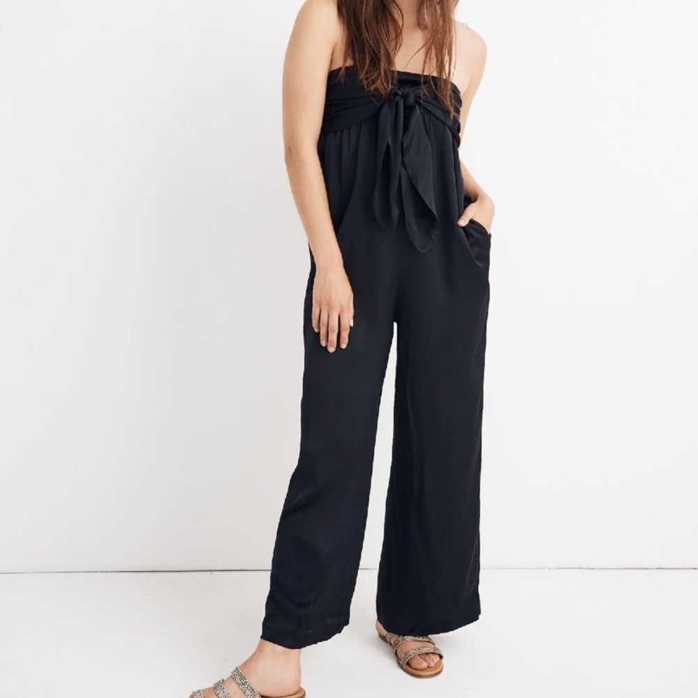 Madewell Strapless Tie-Front Jumpsuit wide leg black satin